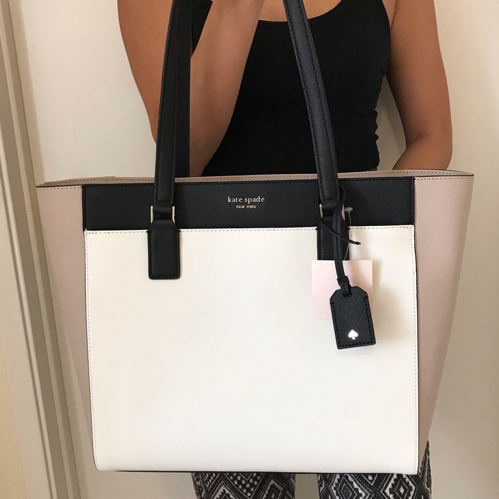 KATE SPADE CAMERON LARGE WHITE BEIGE LAPTOP TOTE - Picture 1 of 8